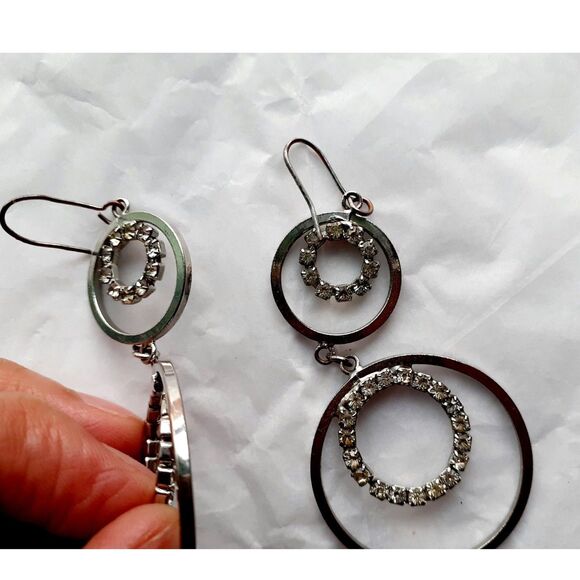 Silver Tone Double Hoop 3" Dangling Earrings & Ring Set with Rhinestone - Picture 7 of 7